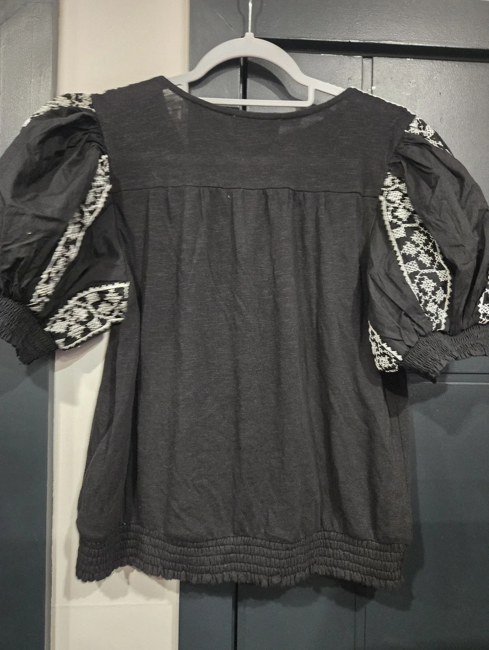 Black Embroidered V-Neck Women's Top Puff Sleve Large Anthropologie Top Nwt